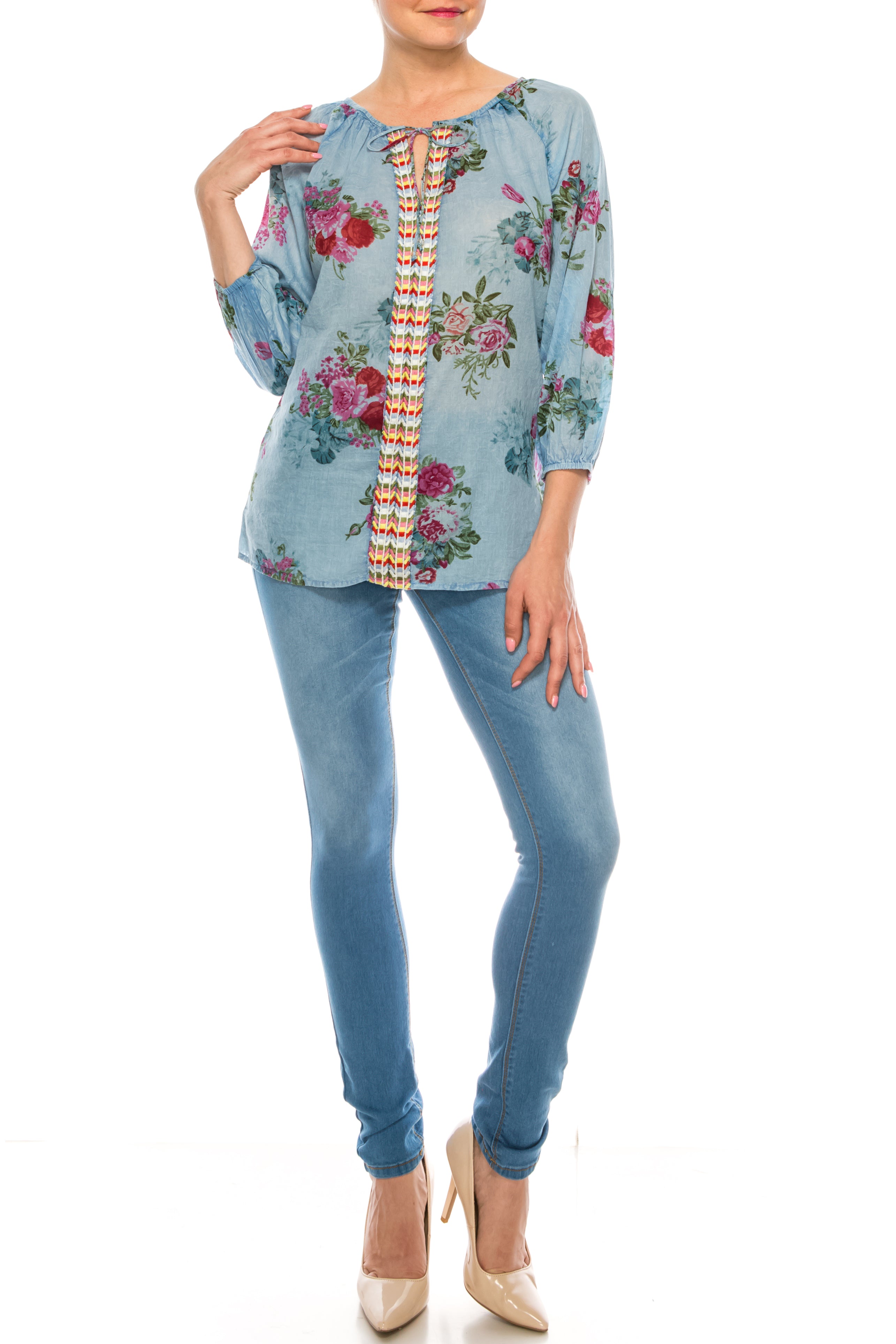 Floral Peasant Top with Embroidery