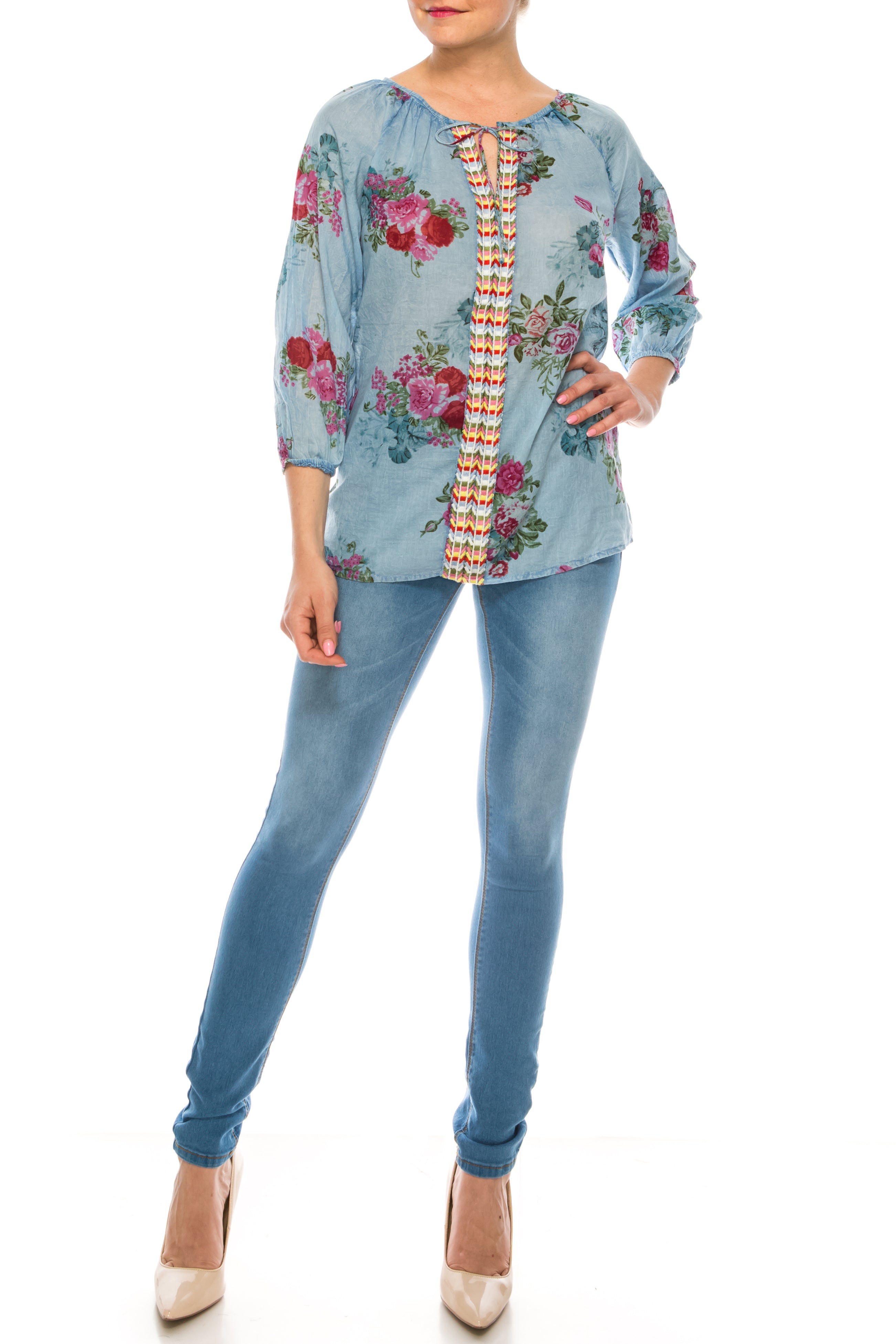 Floral Peasant Top with Embroidery