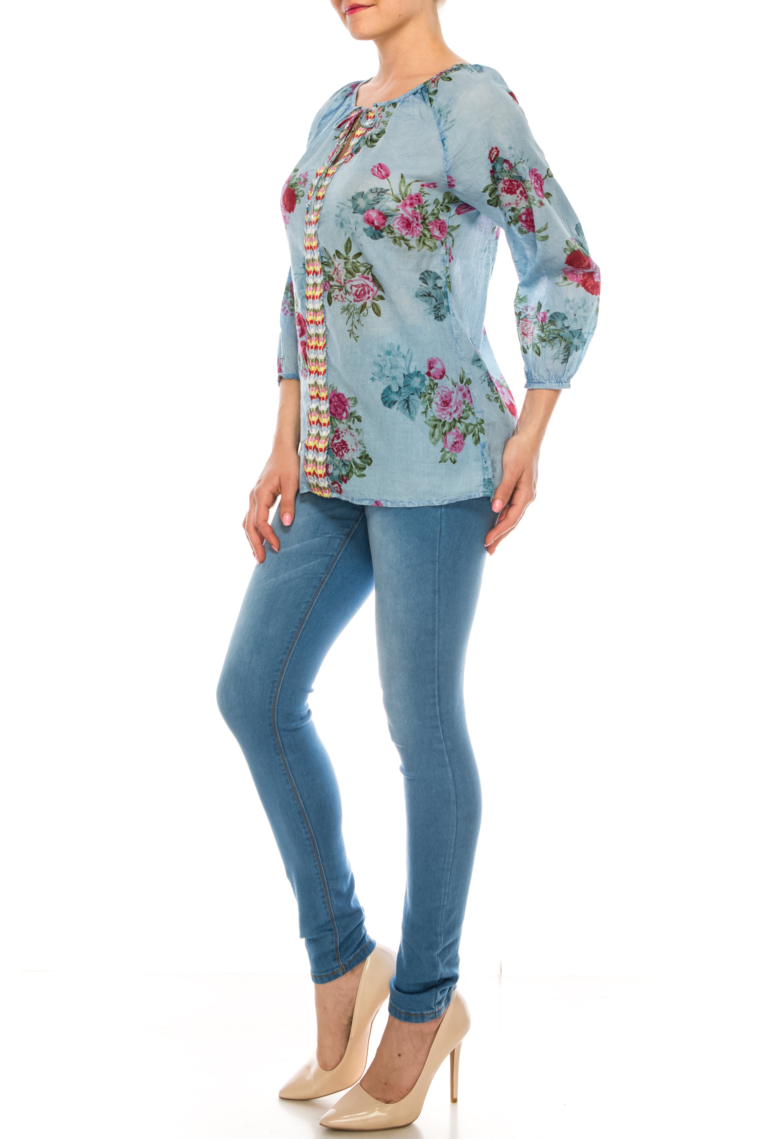 Floral Peasant Top with Embroidery