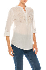 Load image into Gallery viewer, Striped Half Button Down Tunic with Floral Embroidery
