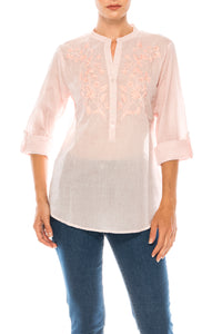 Striped Half Button Down Tunic with Floral Embroidery