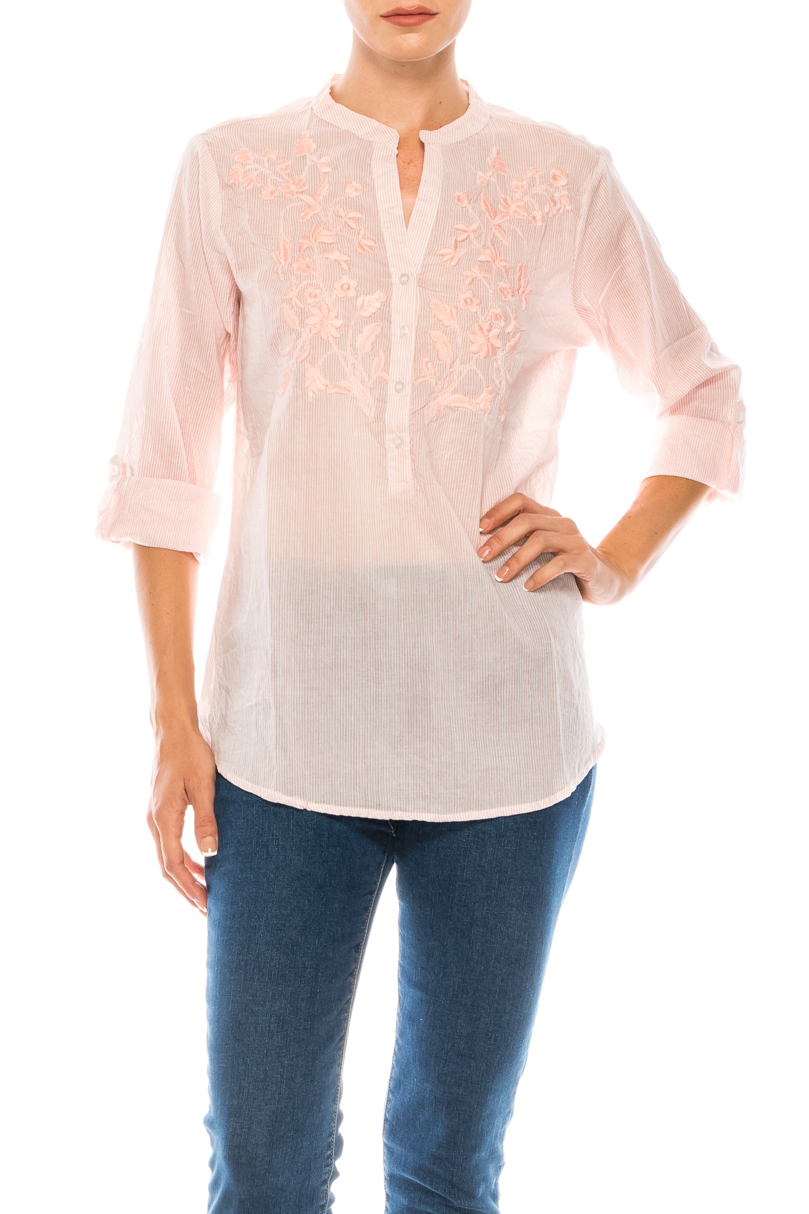 Striped Half Button Down Tunic with Floral Embroidery