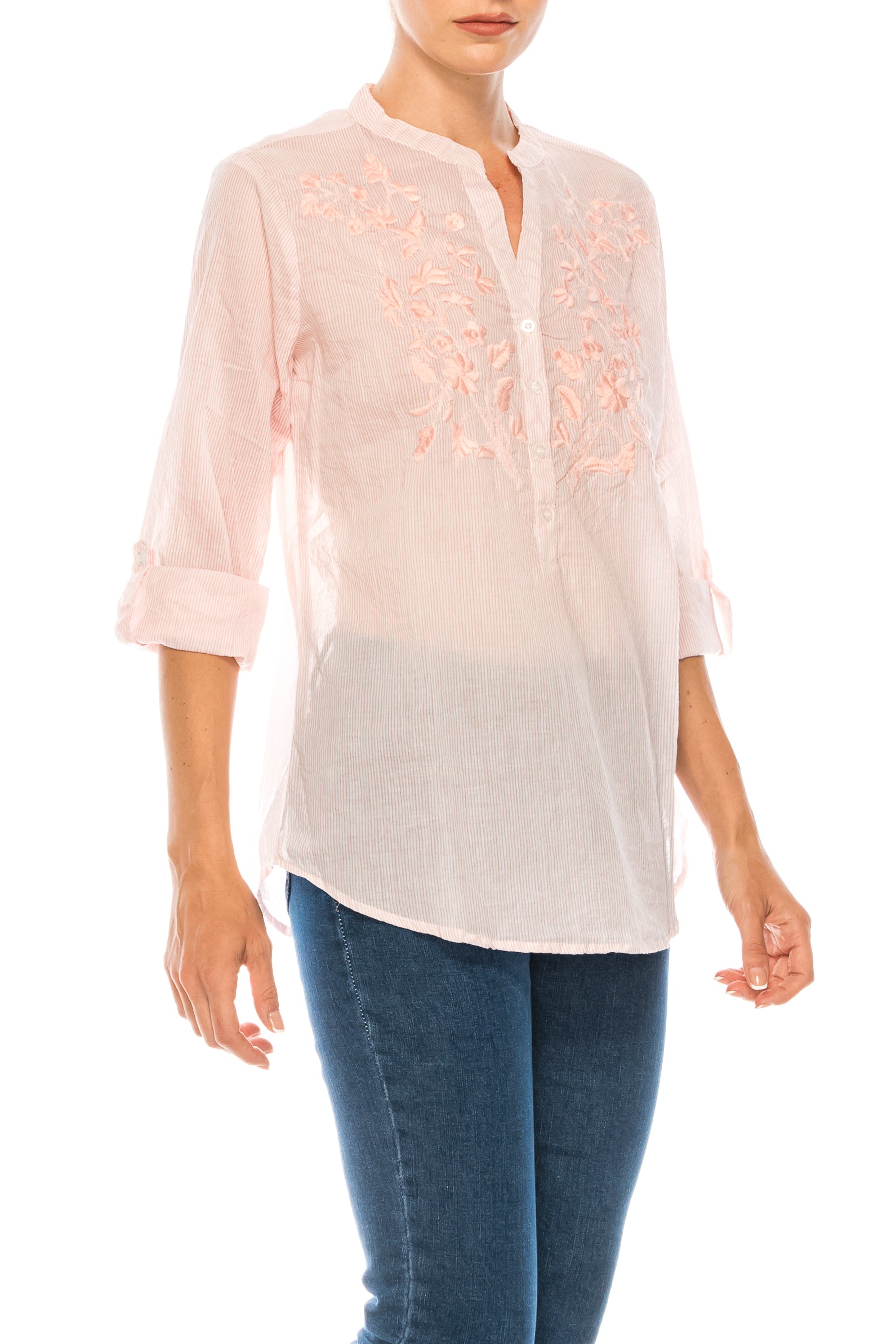 Striped Half Button Down Tunic with Floral Embroidery