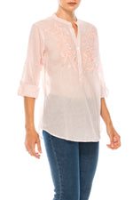 Load image into Gallery viewer, Striped Half Button Down Tunic with Floral Embroidery
