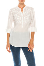 Load image into Gallery viewer, Striped Half Button Down Tunic with Floral Embroidery
