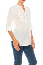 Load image into Gallery viewer, Striped Half Button Down Tunic with Floral Embroidery
