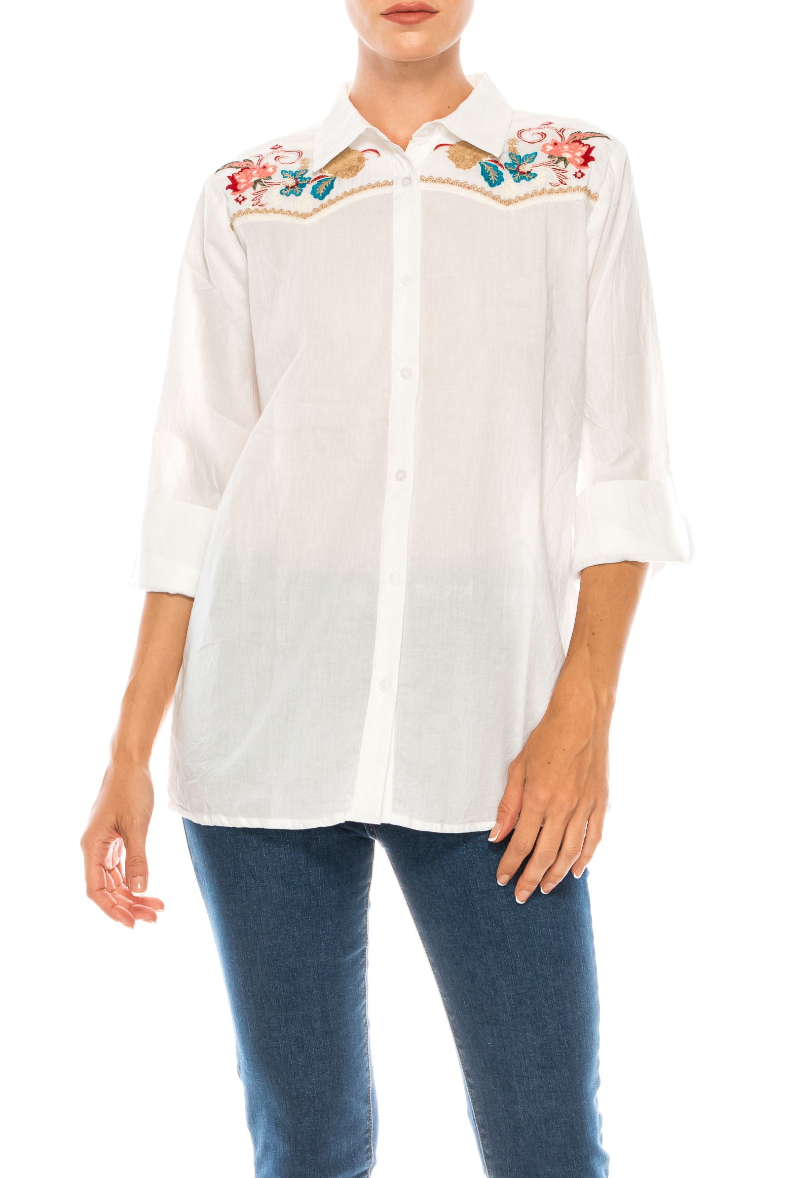 White Button-down Shirt with Floral Embroidery