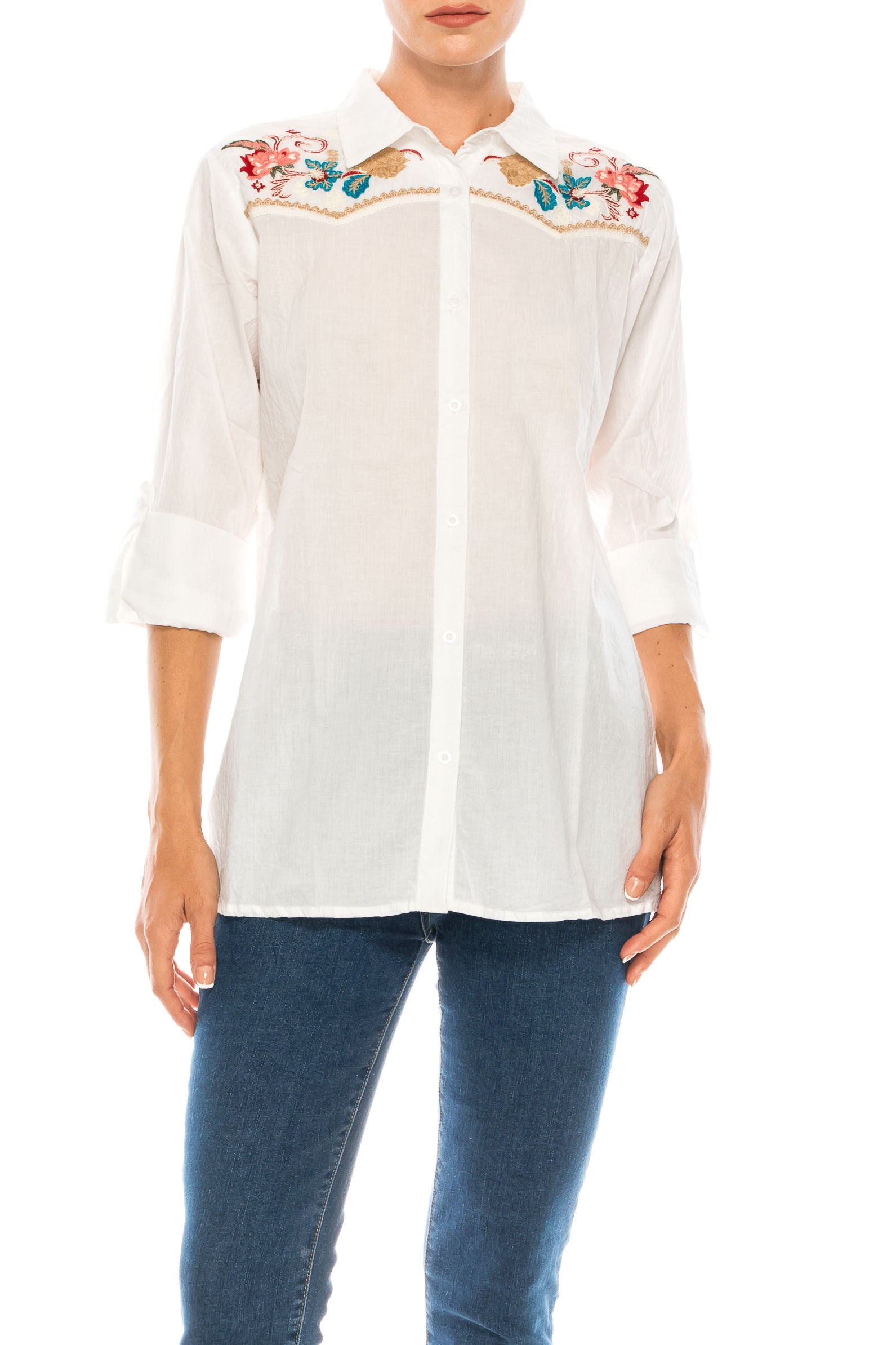 White Button-down Shirt with Floral Embroidery