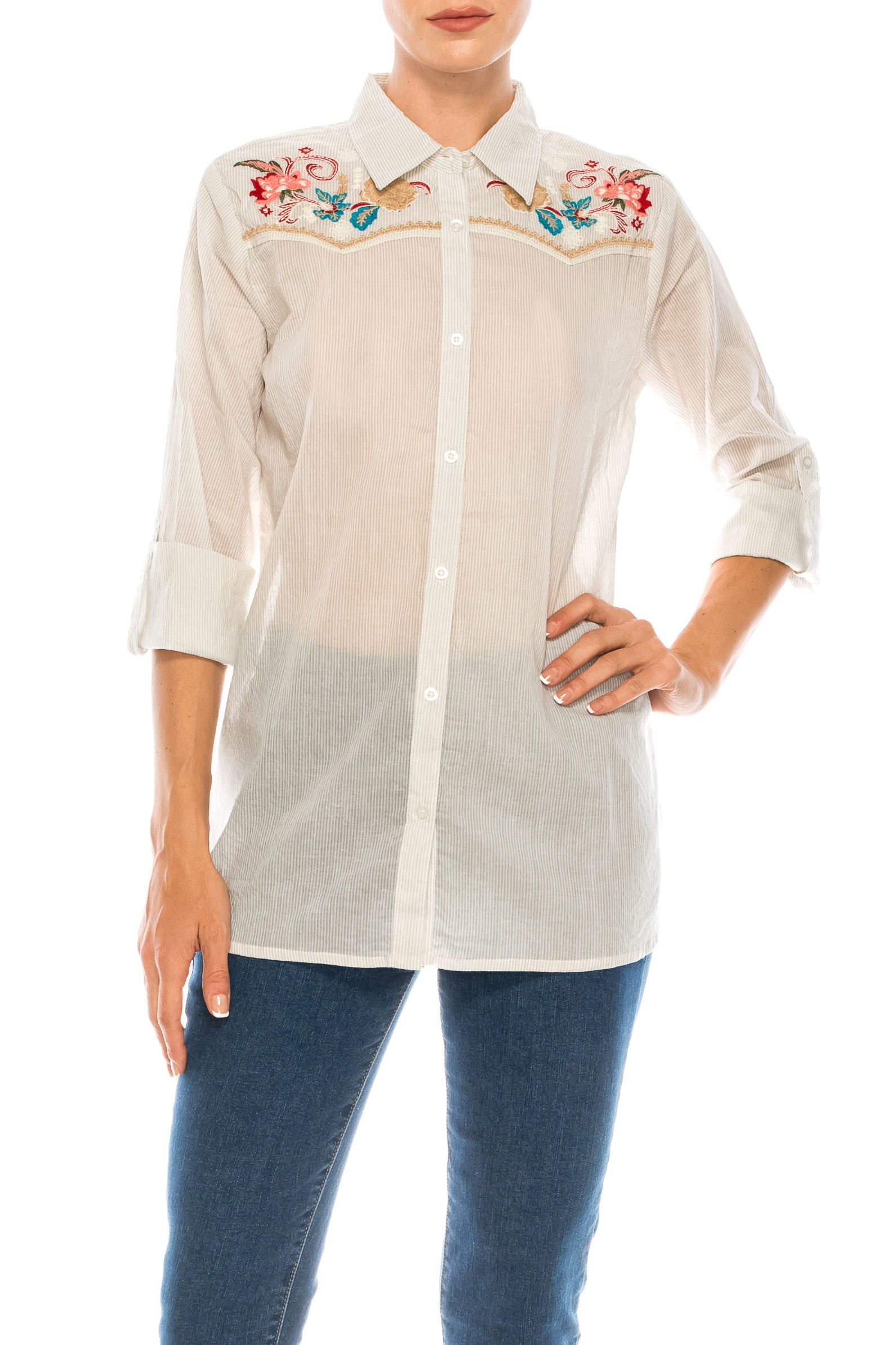 Striped Button-down Shirt with Floral Embroidery