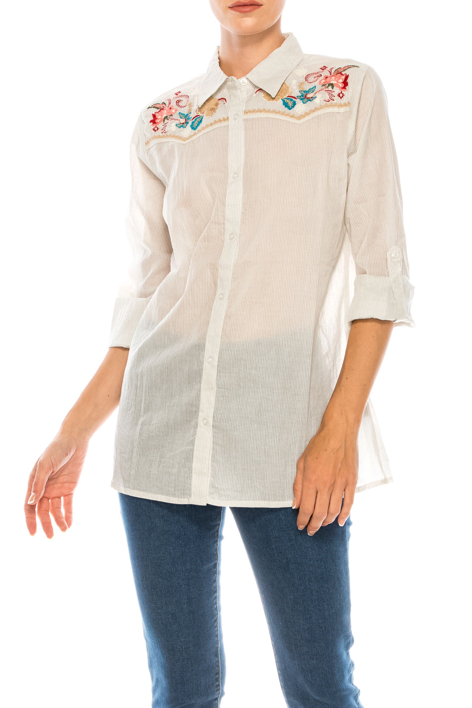 Striped Button-down Shirt with Floral Embroidery