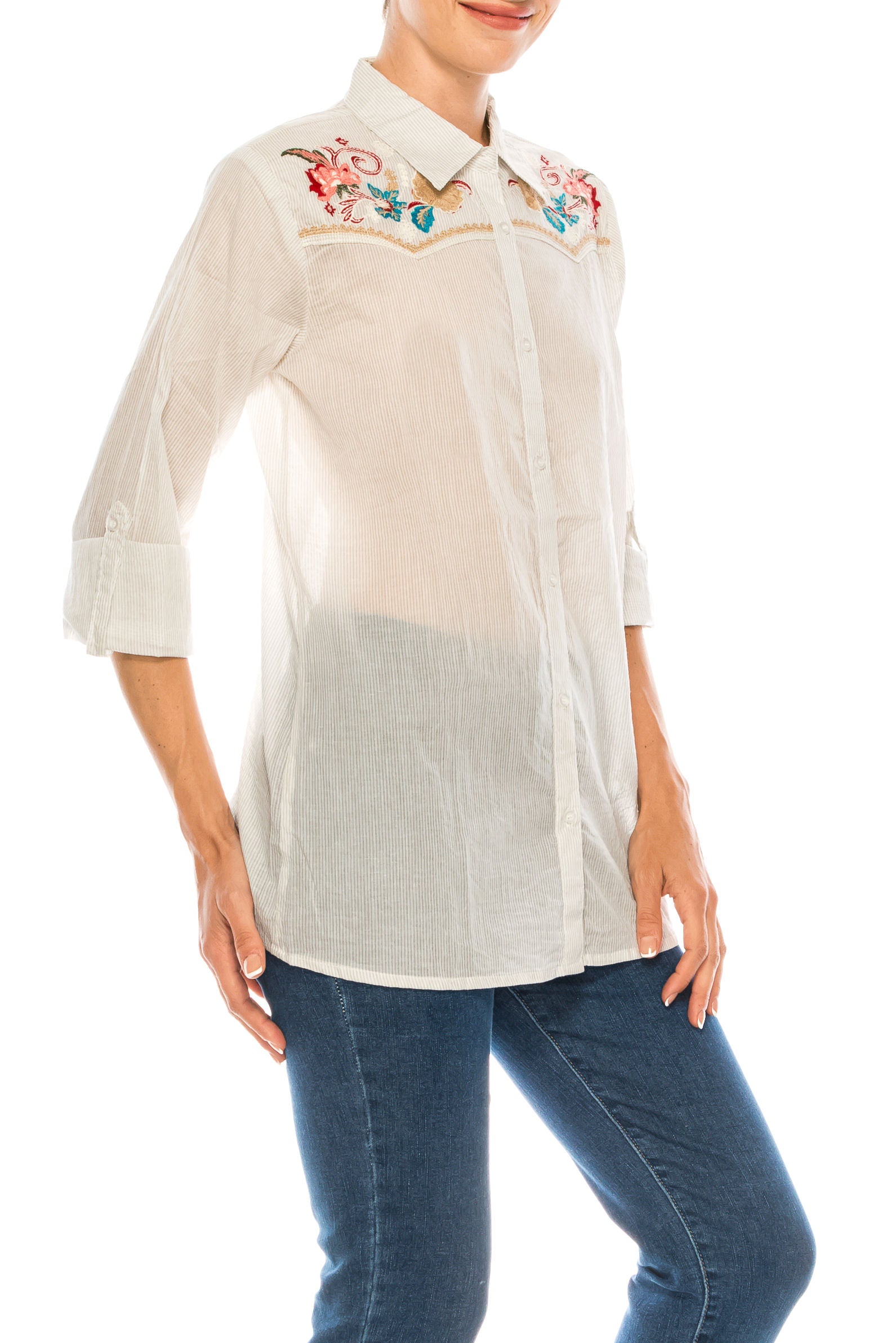 Striped Button-down Shirt with Floral Embroidery