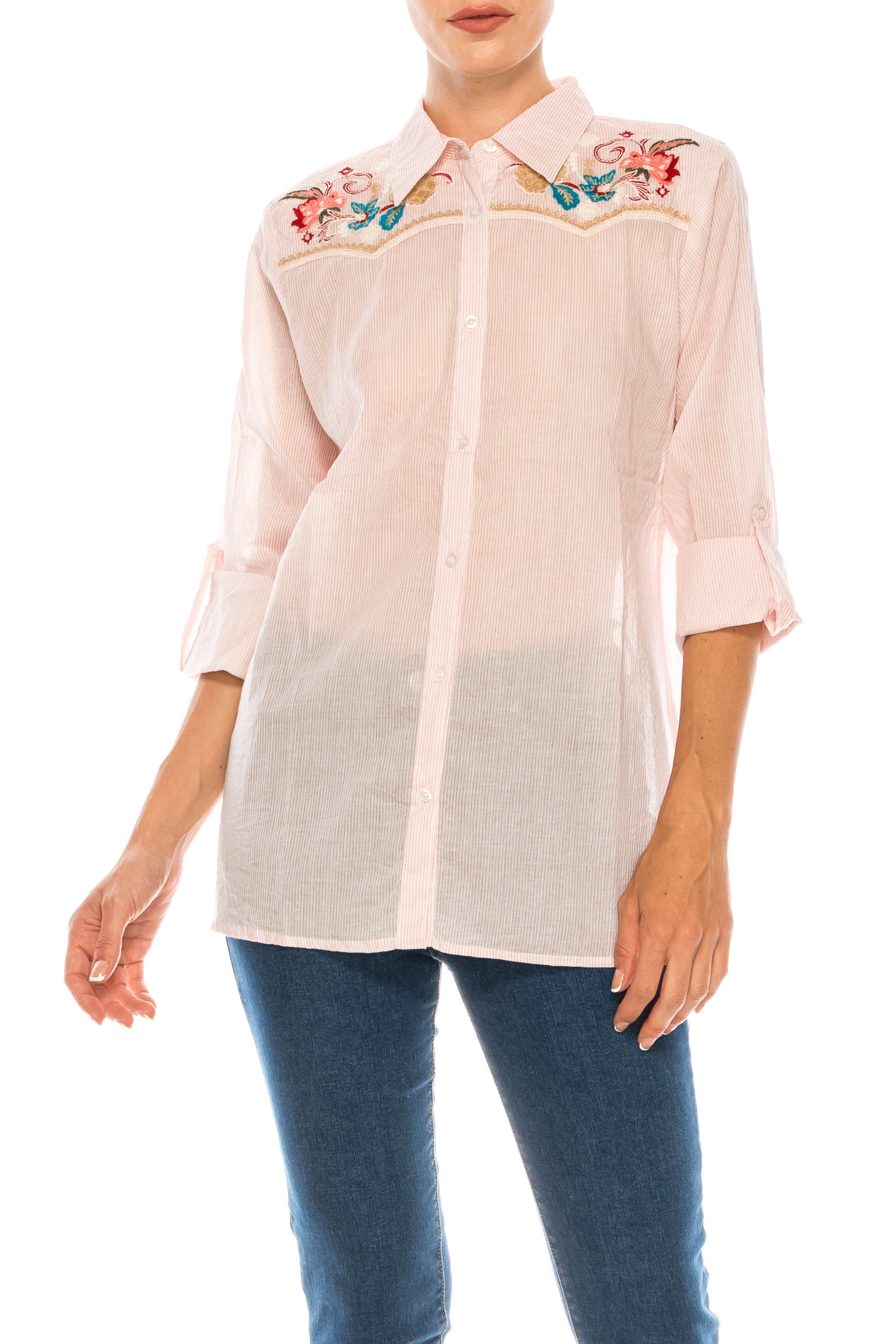 Striped Button-down Shirt with Floral Embroidery