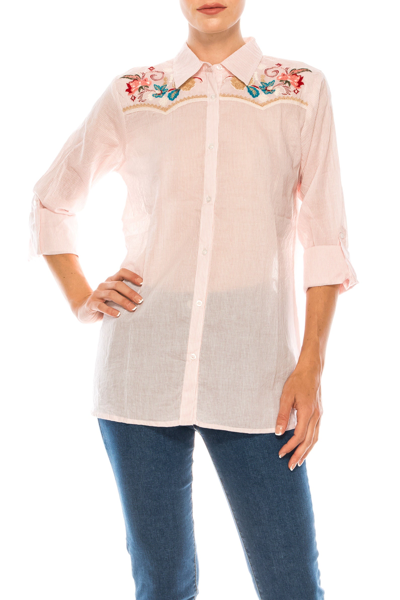 Striped Button-down Shirt with Floral Embroidery