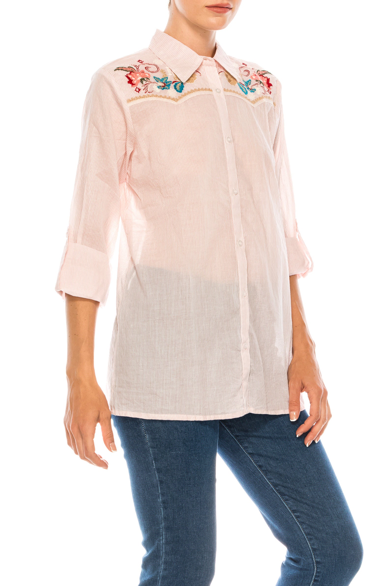 Striped Button-down Shirt with Floral Embroidery