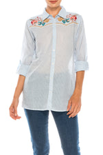 Load image into Gallery viewer, Striped Button-down Shirt with Floral Embroidery
