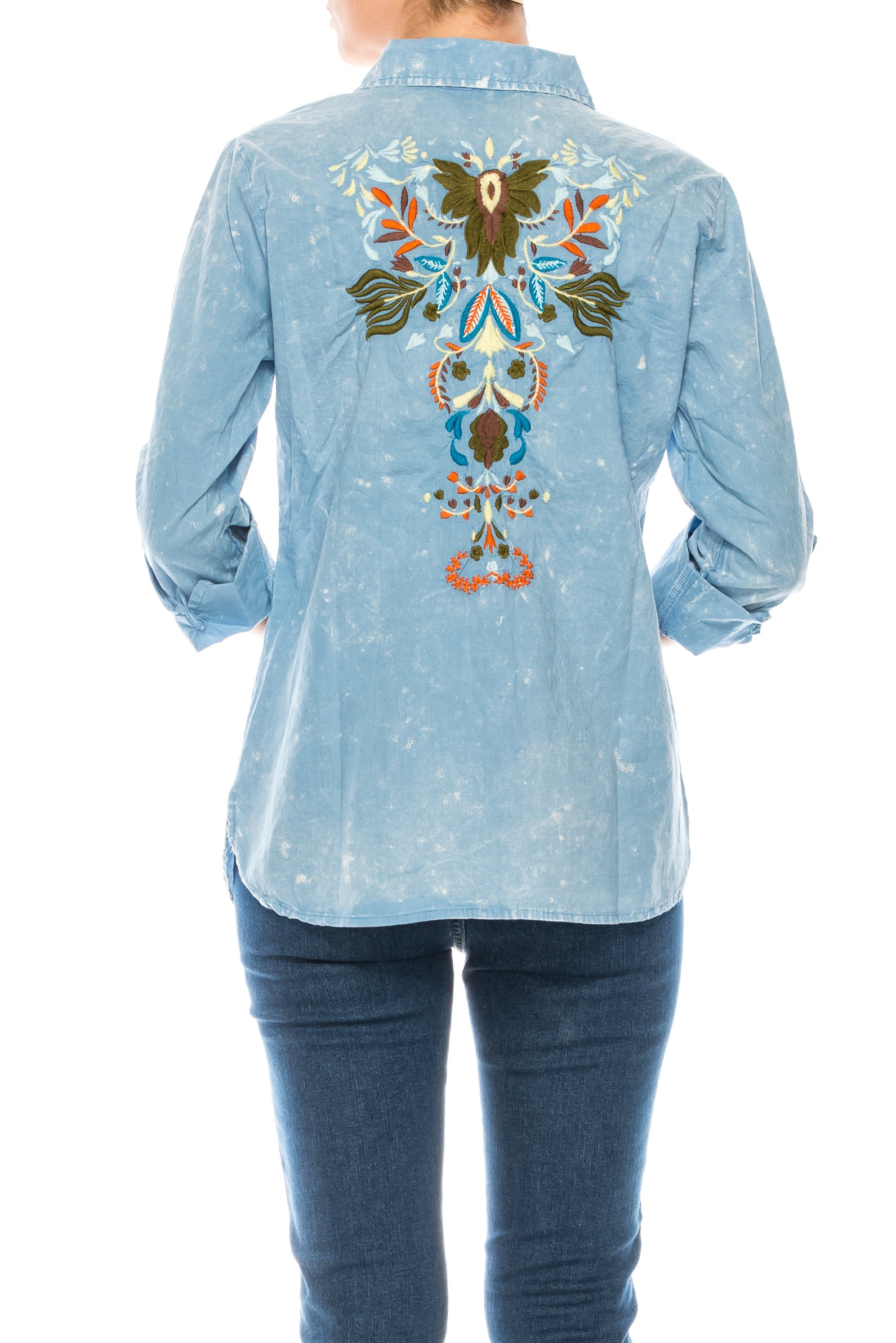 Button Down Shirt with Embroidered Back & Vintage Wash