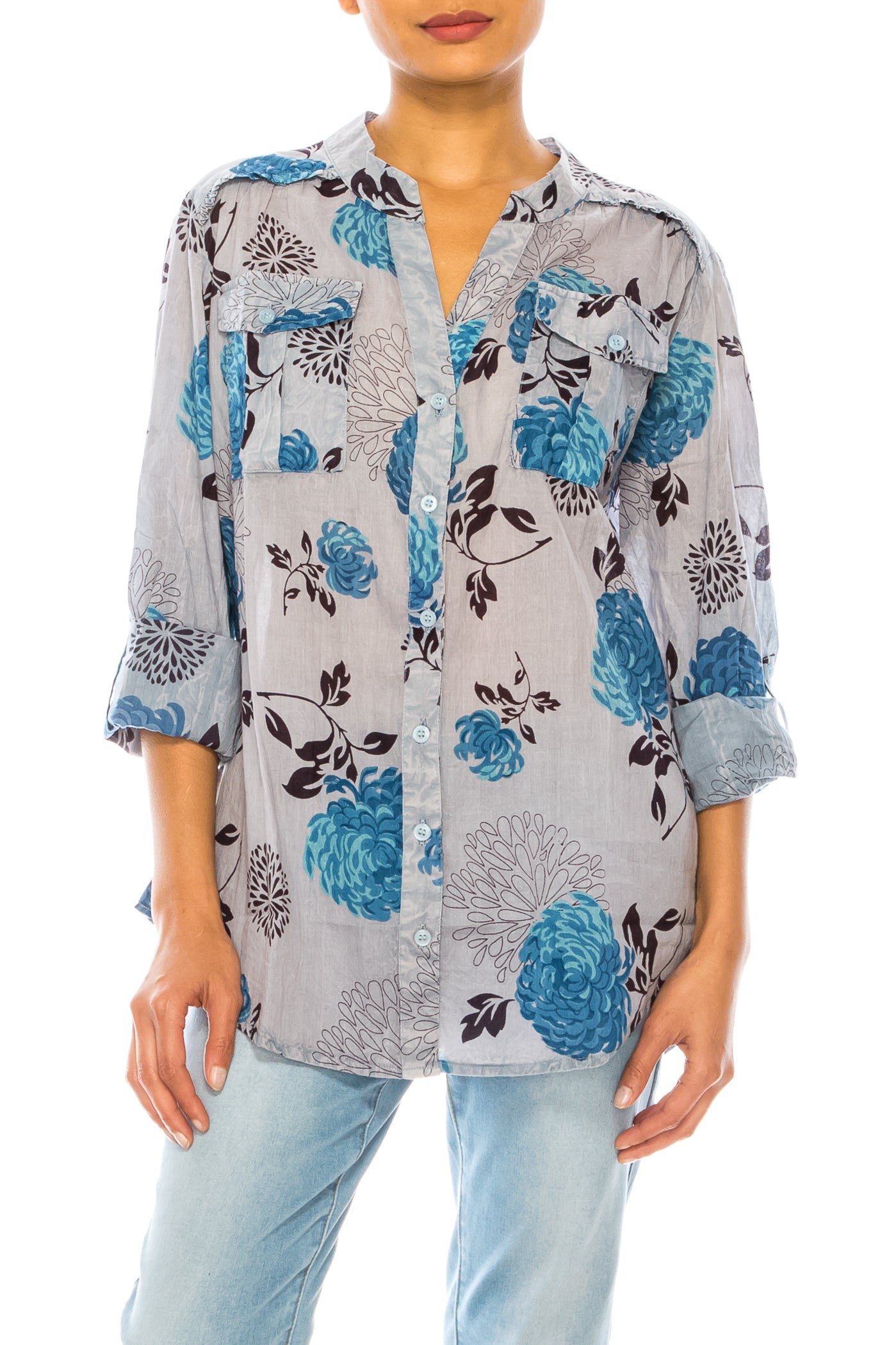 Floral Printed Button-Down Tunic with Vintage Wash