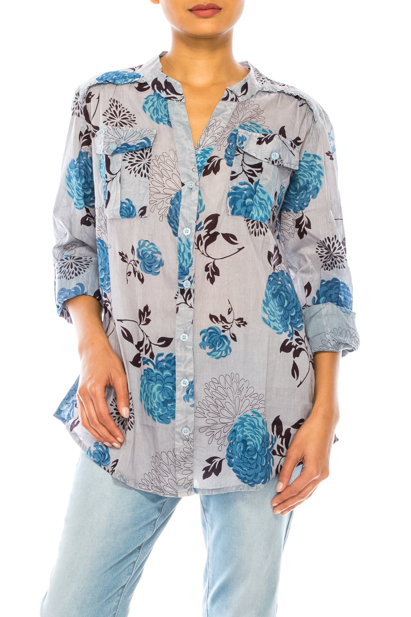 Floral Printed Button-Down Tunic with Vintage Wash