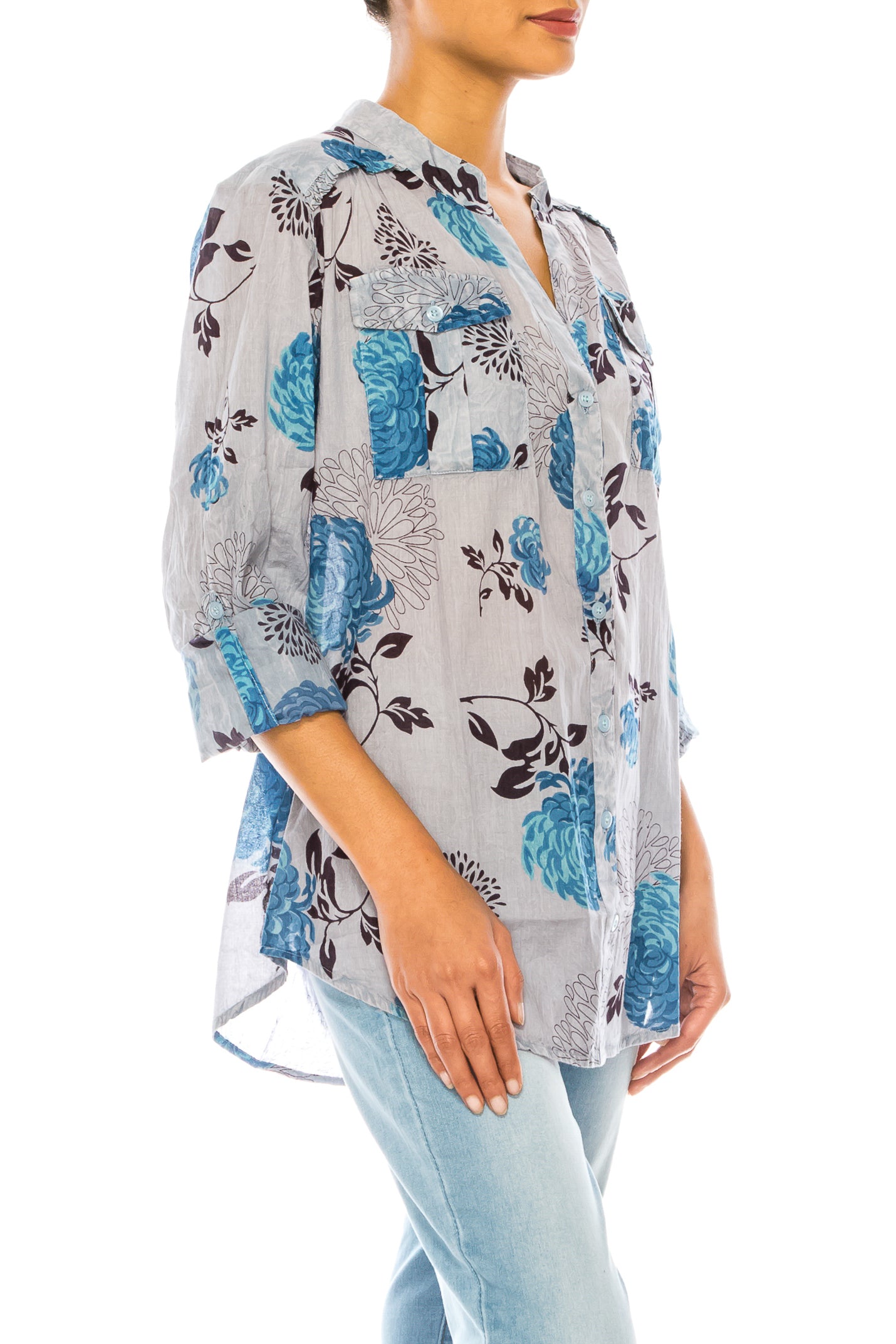 Floral Printed Button-Down Tunic with Vintage Wash