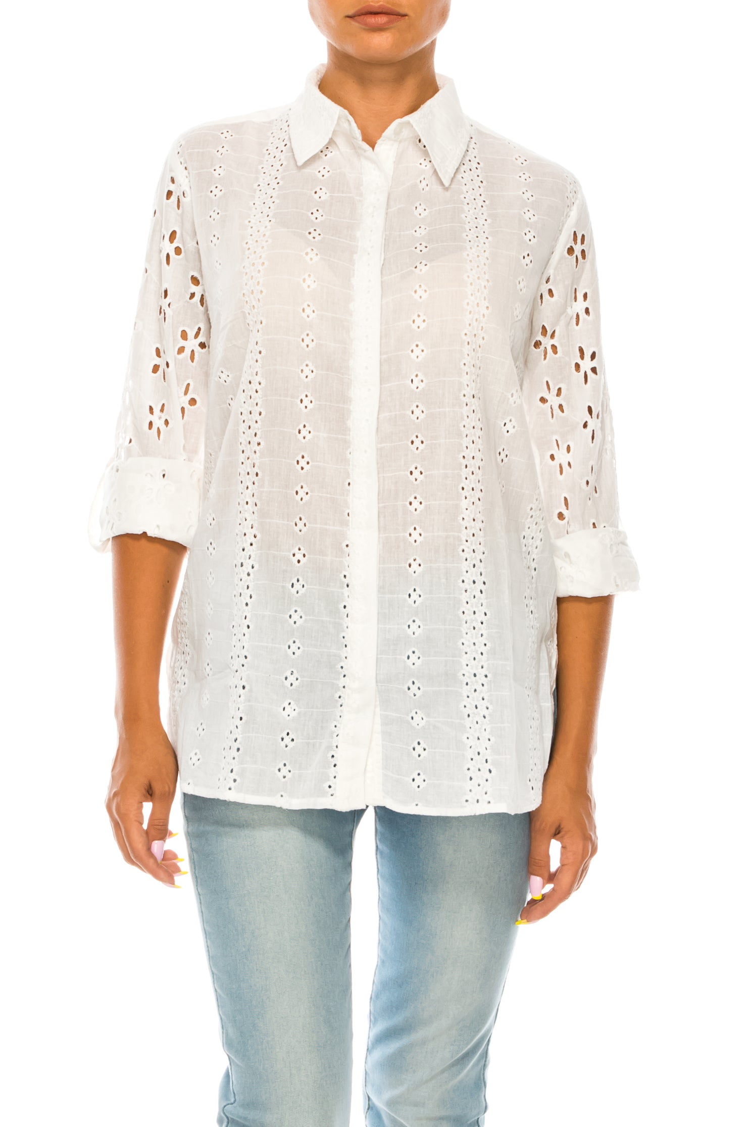 White Shirt with Eyelet Lace and Vintage Wash