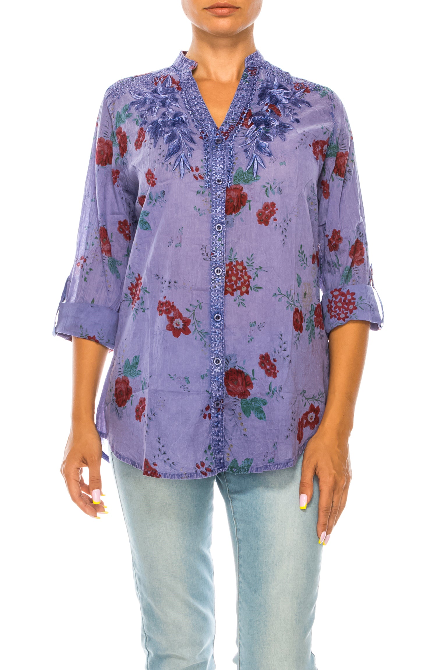 Floral Printed Button Down Blue Tunic with Embroidery