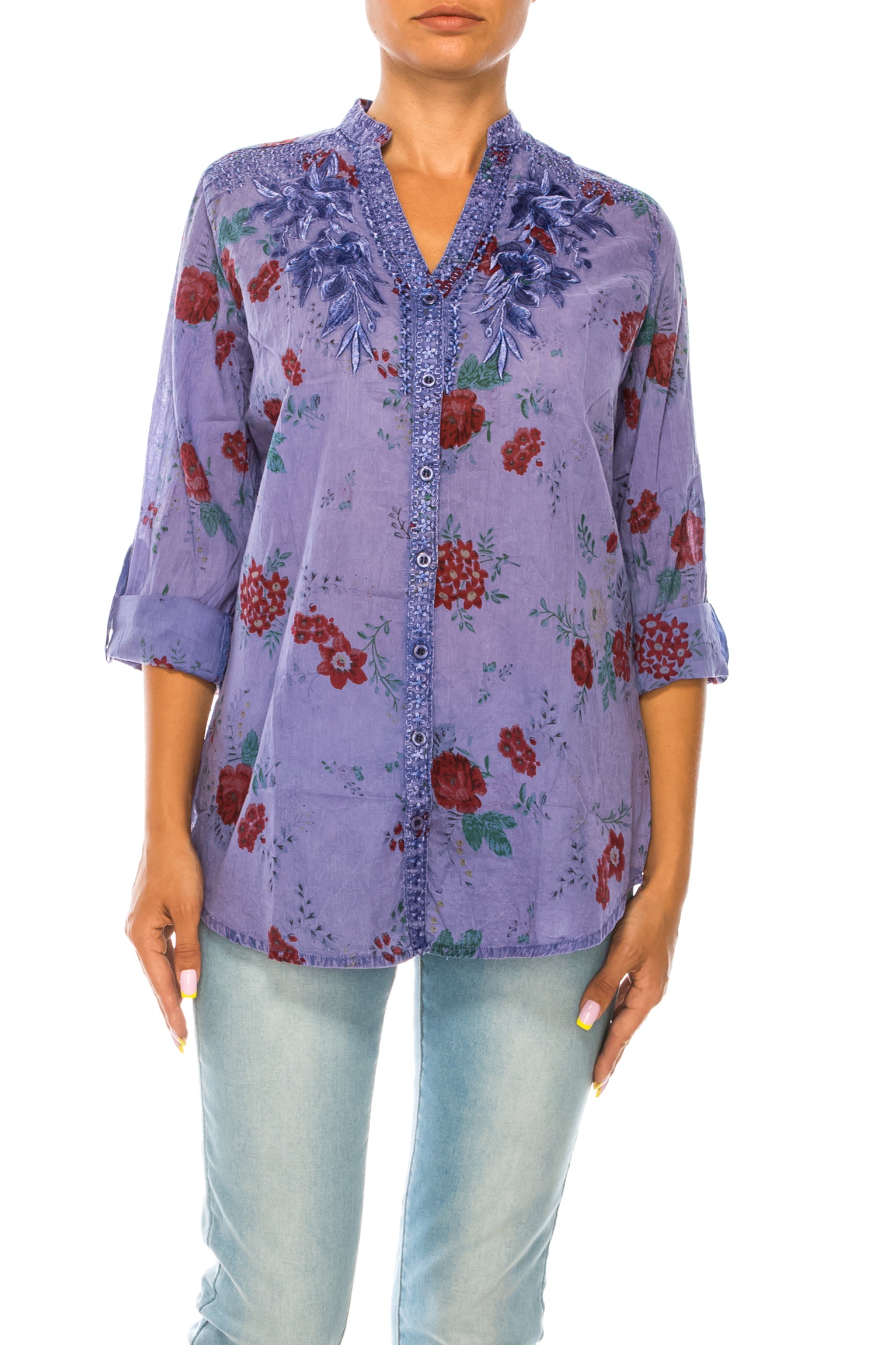 Floral Printed Button Down Blue Tunic with Embroidery