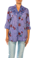 Load image into Gallery viewer, Floral Printed Button Down Blue Tunic with Embroidery
