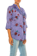 Load image into Gallery viewer, Floral Printed Button Down Blue Tunic with Embroidery
