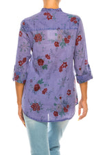 Load image into Gallery viewer, Floral Printed Button Down Blue Tunic with Embroidery
