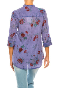 Floral Printed Button Down Blue Tunic with Embroidery