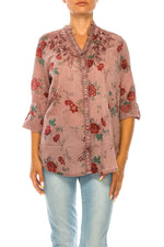 Load image into Gallery viewer, Floral Printed Button Down Purple Tunic with Embroidery
