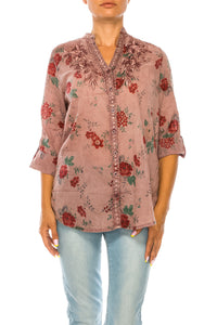 Floral Printed Button Down Purple Tunic with Embroidery