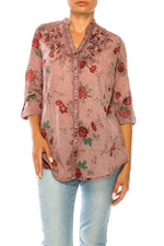 Load image into Gallery viewer, Floral Printed Button Down Purple Tunic with Embroidery
