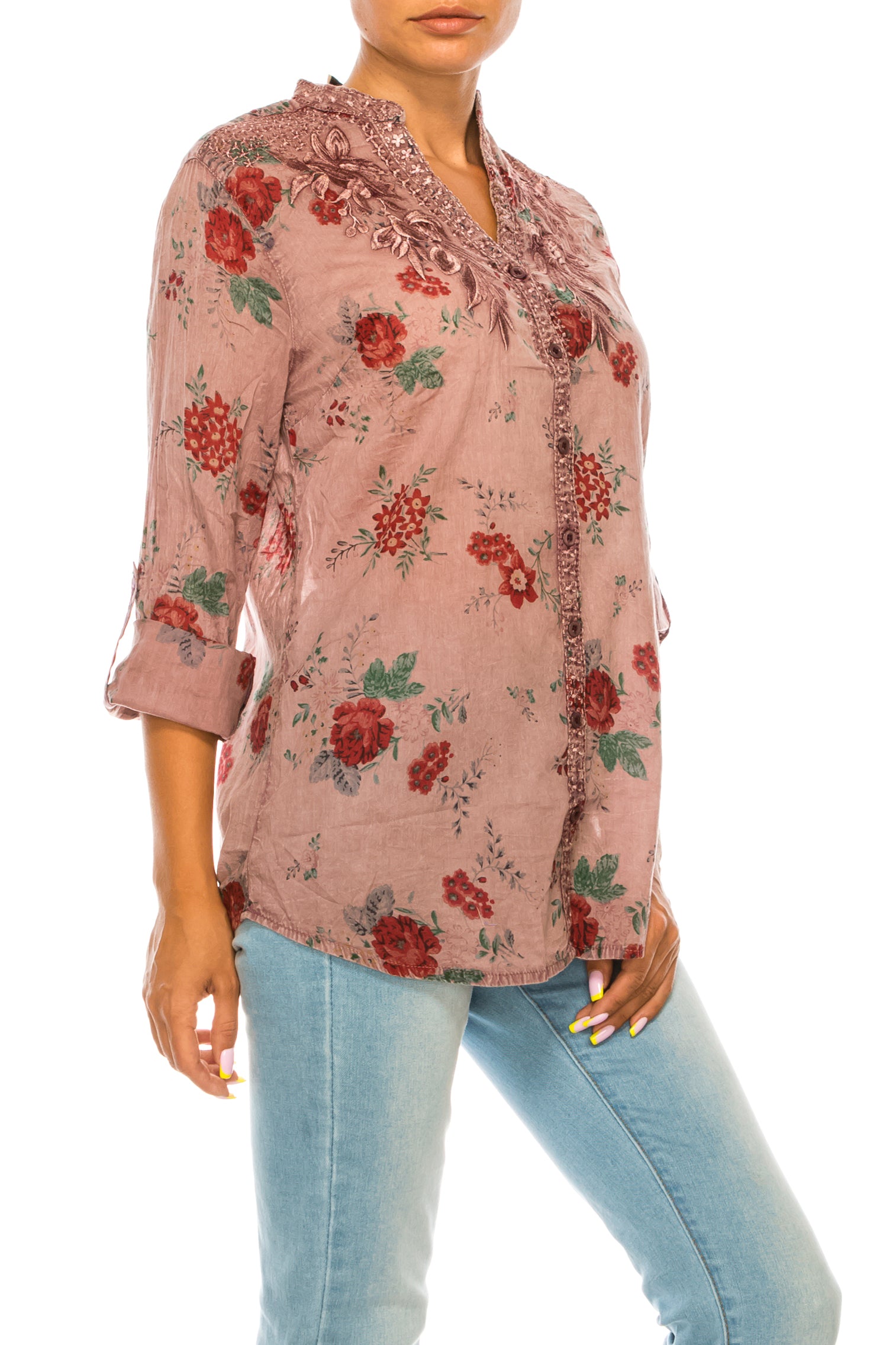 Floral Printed Button Down Purple Tunic with Embroidery