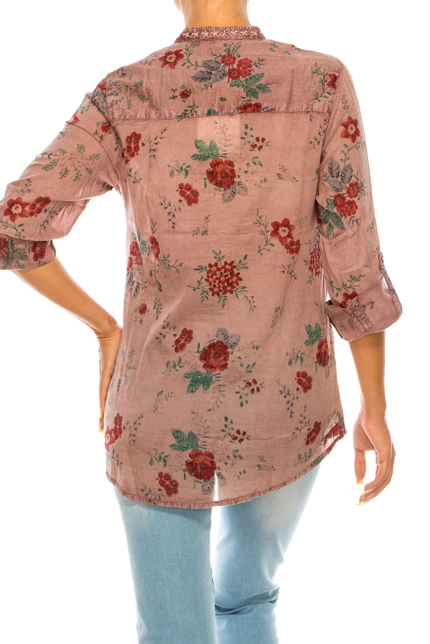 Floral Printed Button Down Purple Tunic with Embroidery