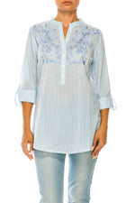 Load image into Gallery viewer, Striped Half Button Down Tunic with Floral Embroidery
