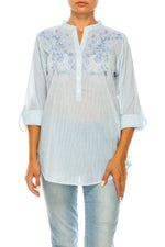 Load image into Gallery viewer, Striped Half Button Down Tunic with Floral Embroidery
