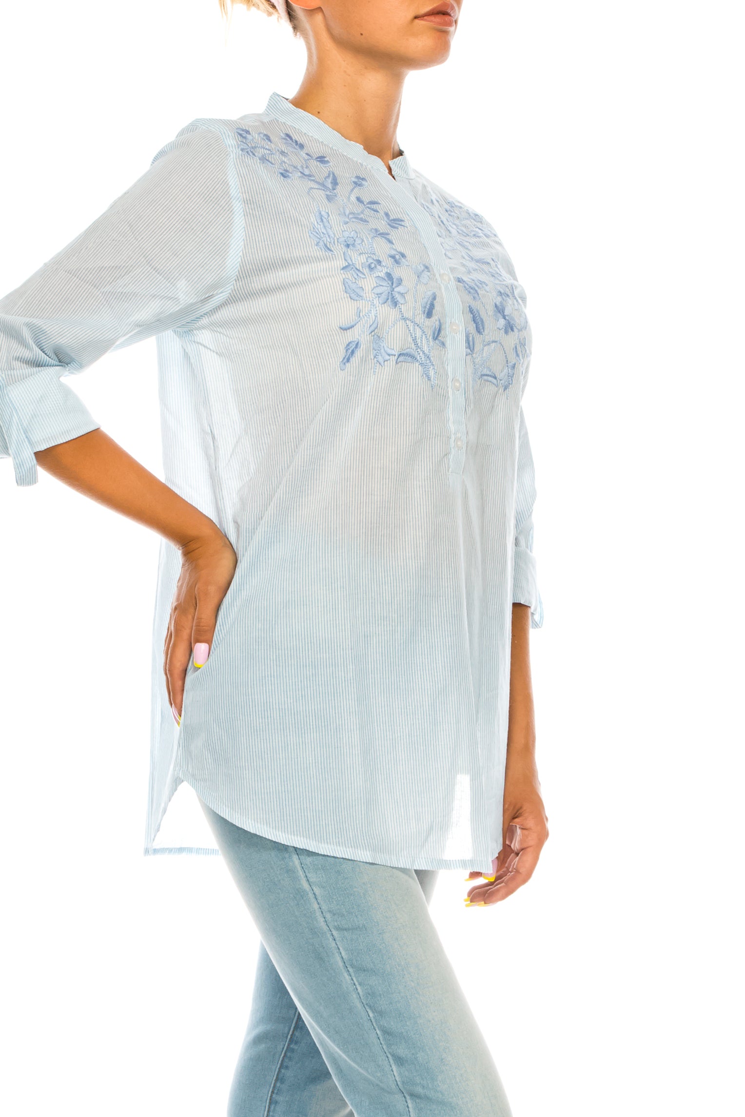 Striped Half Button Down Tunic with Floral Embroidery