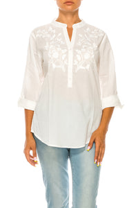 Half Button Down Tunic with Floral Embroidery