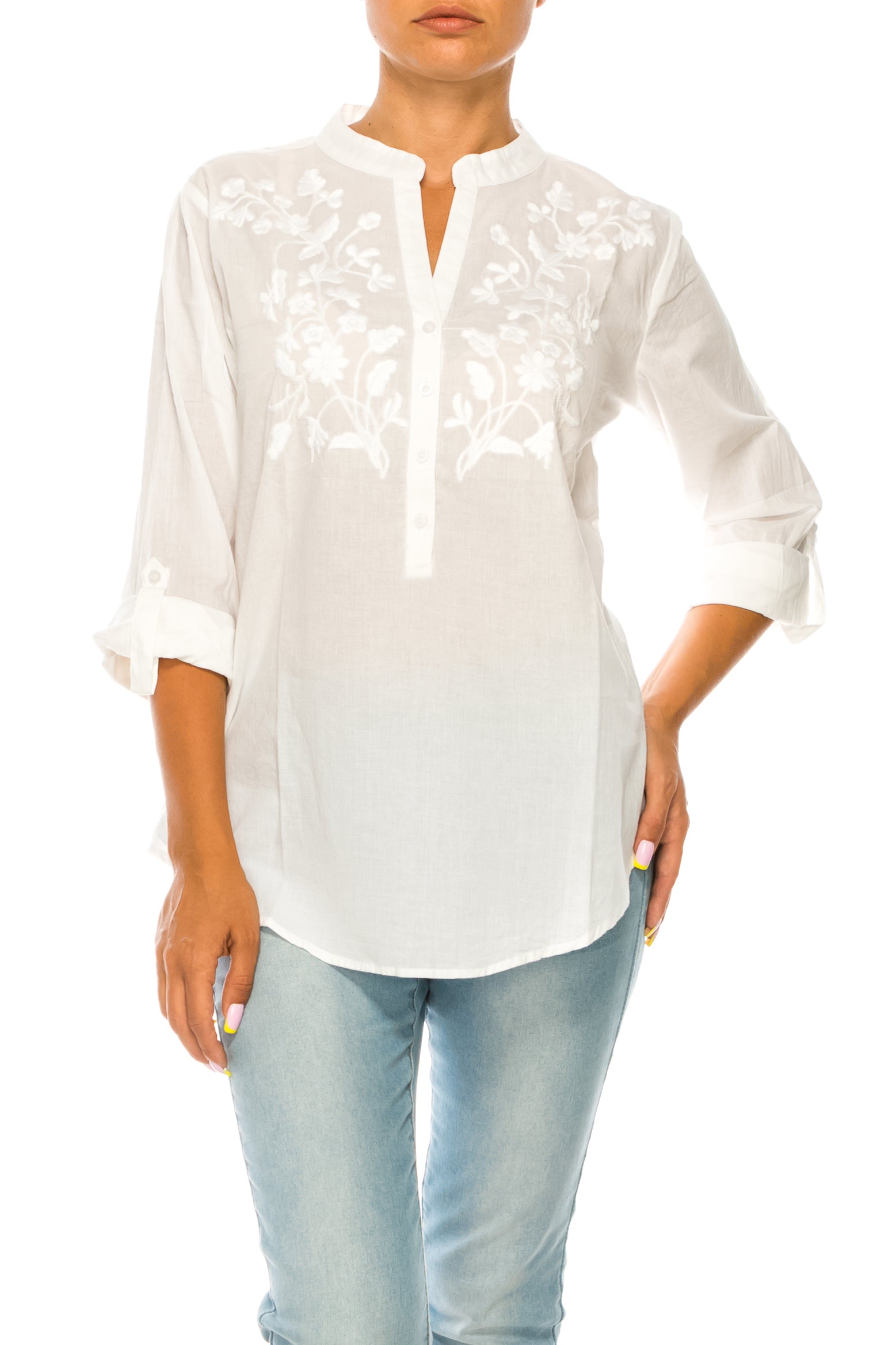 Half Button Down Tunic with Floral Embroidery