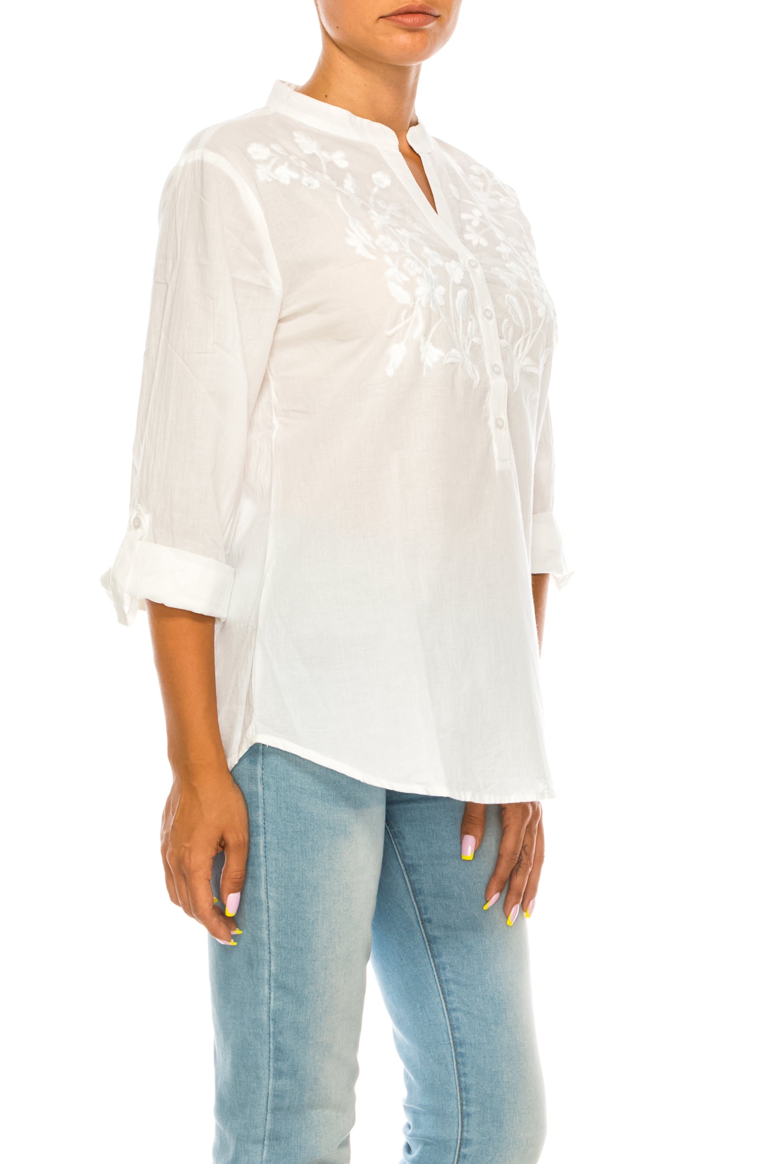 Half Button Down Tunic with Floral Embroidery