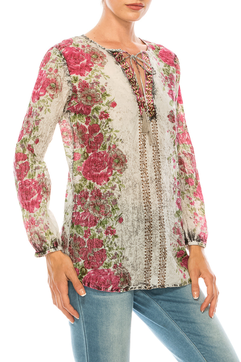 Vintage Boho Blouse with Embroidery and Drawstrings