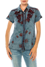 Load image into Gallery viewer, Floral Short Sleeve Shirt with Embroidery and Vintage Wash
