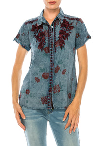 Floral Short Sleeve Shirt with Embroidery and Vintage Wash