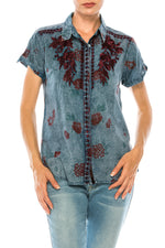 Load image into Gallery viewer, Floral Short Sleeve Shirt with Embroidery and Vintage Wash
