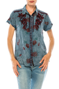 Floral Short Sleeve Shirt with Embroidery and Vintage Wash