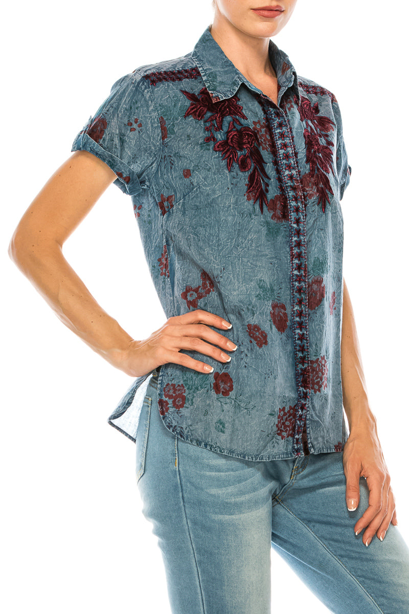 Floral Short Sleeve Shirt with Embroidery and Vintage Wash