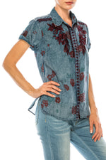 Load image into Gallery viewer, Floral Short Sleeve Shirt with Embroidery and Vintage Wash
