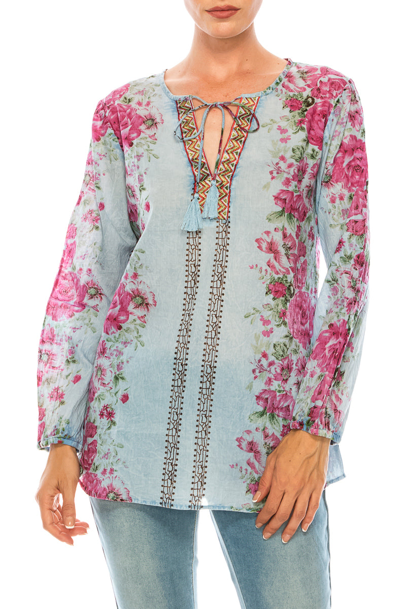 Vintage Boho Blouse with Embroidery and Drawstrings