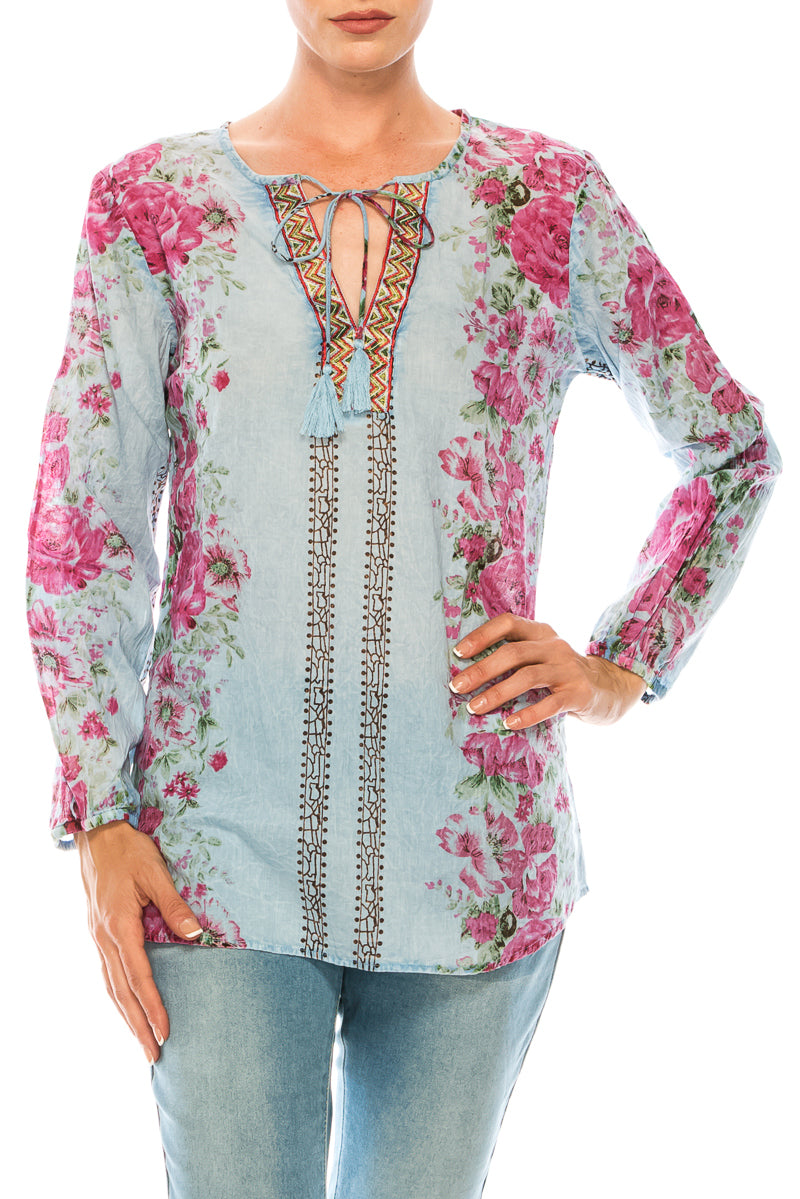 Vintage Boho Blouse with Embroidery and Drawstrings